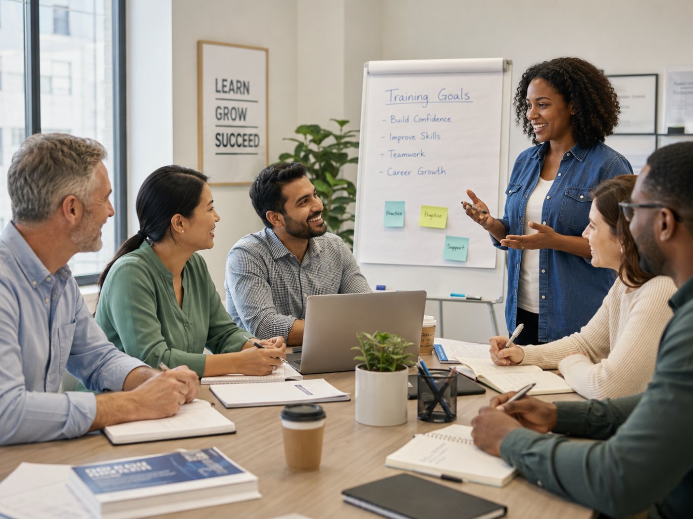 Groupe d'adultes en formation autour d'une formatrice